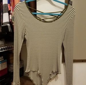 Striped body suit with criss cross back